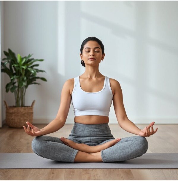 Yoga and breathing exercises for asthma management — woman practicing pranayama