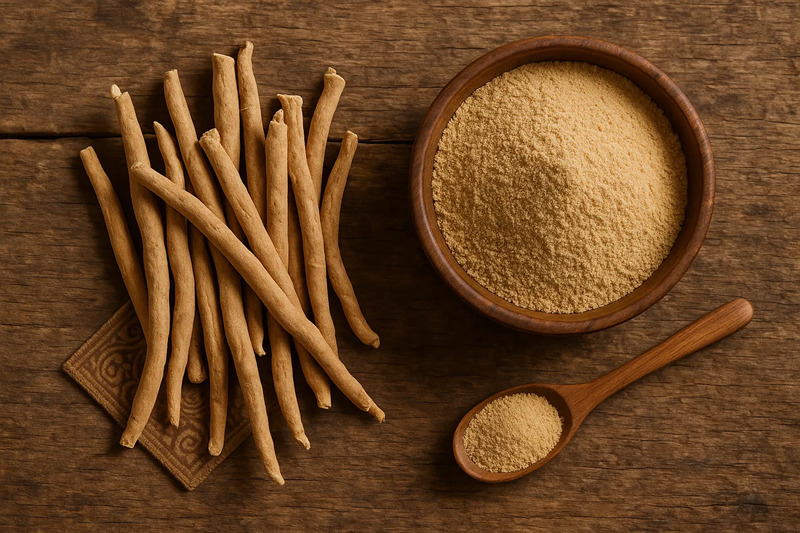 Ashwagandha root and powder — traditional Ayurvedic herb for health and wellness
