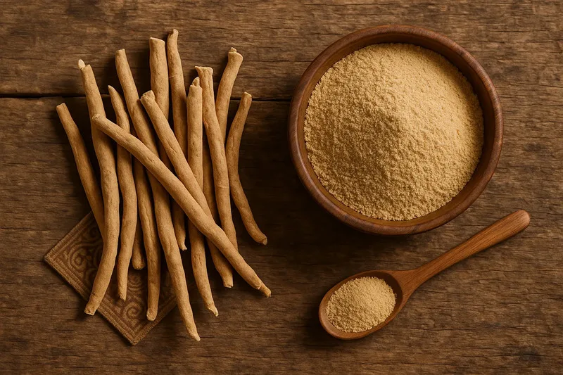 Ashwagandha root and powder — traditional Ayurvedic herb for health and wellness